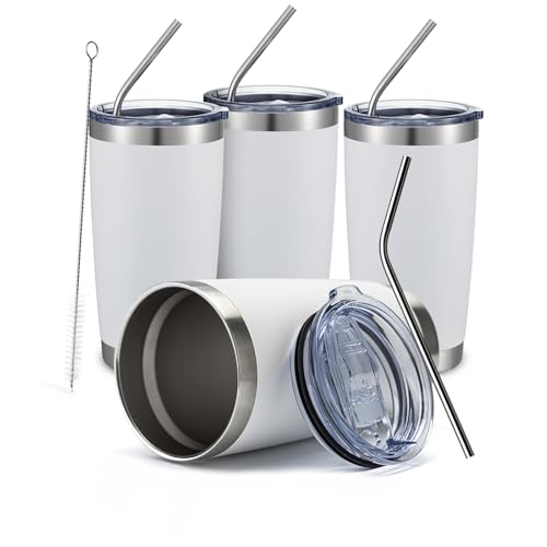 20oz White Tumbler Bulk with Straw Stainless Steel Insulated Coffee Tumbler Cups Double Wall Vacuum Travel Coffee Mug with Splash Proof Sliding Lid for Hot Cold Drinks (4 Count)