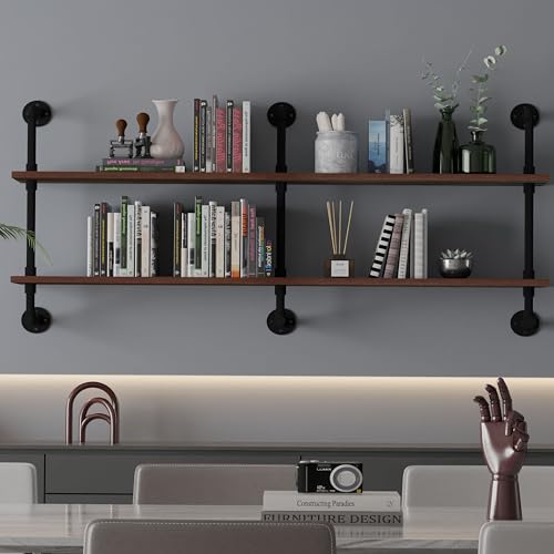 Industrial Pipe Wall Shelves Pipe Shelving with Real Wood Plank 70 Inches (2 Count)