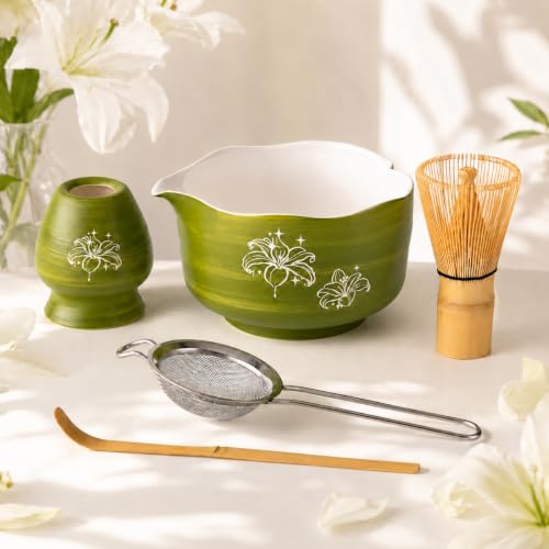 Matcha Set Avocado Green Ceramic Bowl Kit with Spout (5 Count)