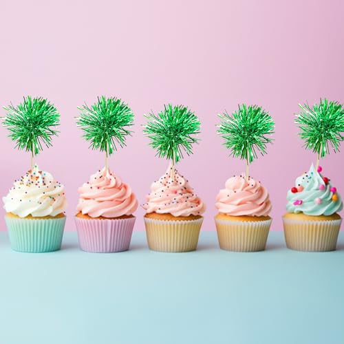 30Pcs Foil Firework Cupcake Toppers Sparkle Tinsel Cake Toppers Tinsel Drink Cake Decoration Cocktail Picks for Birthday Wedding Graduation Party Supplies Dark Green (30 Count)