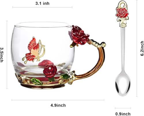Tea Cup Gifts for Mom Women Mothers Day Glass Coffee Enamels Mug Birthday Butterfly Rose Valentines Day Christmas Tea Cup with Spoon