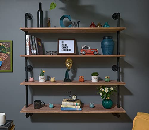 Floating Bookshelf Shelves Industrial Pipe Shelving Floating Pipe Shelf with Wood Planks 48 inch Industrial Wall Shelves Rustic Hanging Bookshelf Farmhouse Kitchen Shelving (4 Count)