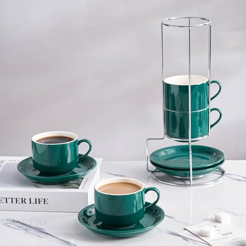 8 Ounce Stackable Cappuccino Cups with Saucers and Metal Stand (4 Count)