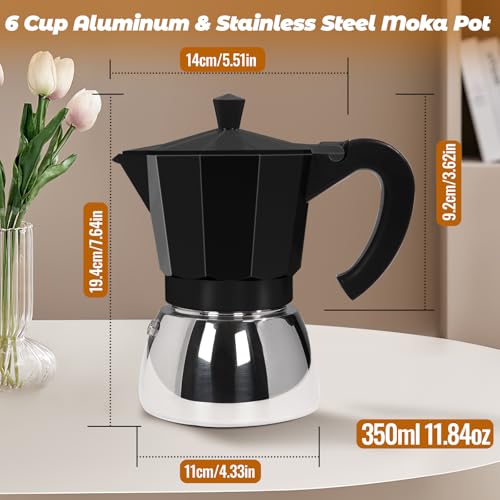 No Coating 6 Cup Aluminum and Stainless Steel Moka Pot Stovetop
