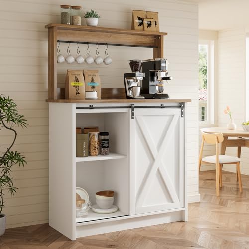 Farmhouse Coffee Bar Cabinet with Sliding Barn Door