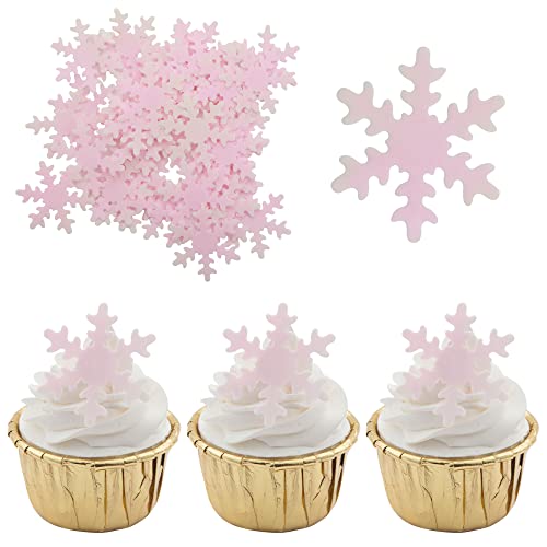 50Pcs Pink Edible Cupcake Cake Toppers Snowflake Cake Decorations for Christmas Winter Frozen Theme Party Supply Decoration (50 Count)