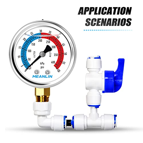 1/4" NPT 0-60psi Pressure Gauge, 2" Dial Glycerine Filled Pool Filter, 304 Stainless Steel Housing, Lower Mount, with 1/2" NPT and 3/8" NPT Hex Bushing