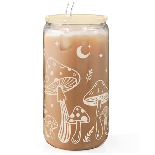 Mushroom 16oz Can Glass Tumbler with Acrylic Lid & Straw