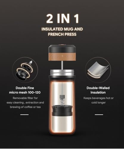 Portable French Press Stainless Steel Coffee Maker Travel French Press Insulated Bottle Cup