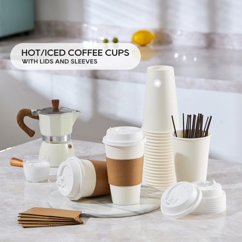 50 Pack 16 oz Disposable Paper Coffee Cups with Lids & Sleeves (50 Count)