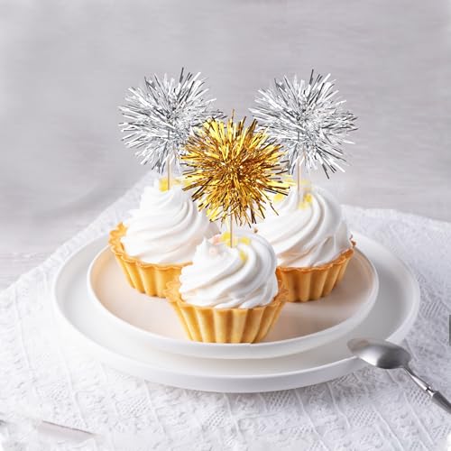 40 PCS Foil Firework Cupcake Toppers Sparkle Tinsel Cupcakae Picks Foil Firework Party Decorations Cocktail Fruit Toothpick for Fireworks Theme Birthday Wedding Graduation Party Decoration Gold Silver (40 Count)
