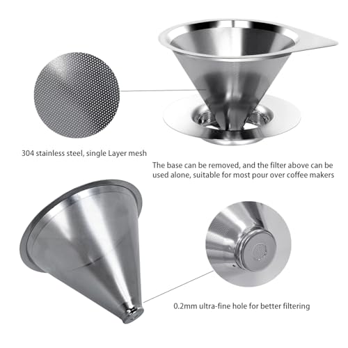Pour Over Coffee Dripper Reusable Coffee Filter Paperless Coffee Filter Stainless Steel Pour Over Coffee Maker Cone Coffee Dripper for 1