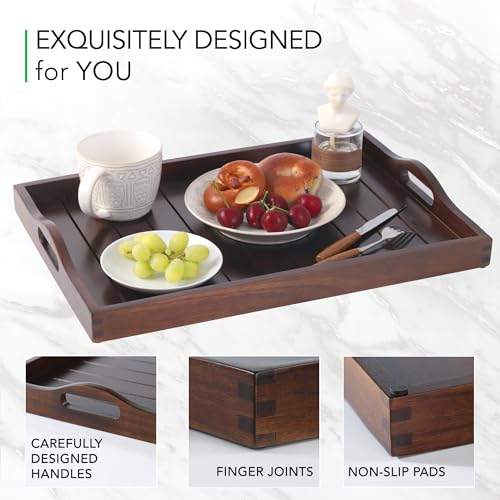 Large Acacia Wooden Serving Tray with Handles 20 x 14 inch Decorative Coffee Table Ottoman Tray for Living Room Extra Large for Kitchen Dinner Food Bar Breakfast in Bed