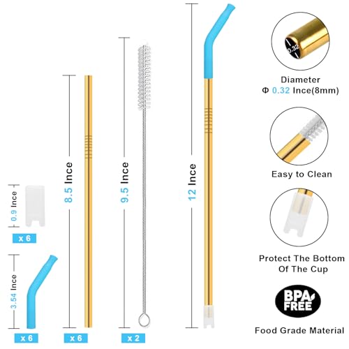 Newly Upgraded 8.5In Reusable Stainless Steel Straws Set 6 PCS with12 Silicone Accessories (6 Count)
