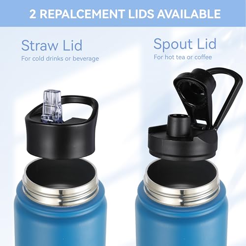 Insulated Water Bottle 22 oz Double Wall Stainless Steel Water Bottle Wide Mouth with Straw Lid & Spout Lid Keeps Cold or Hot