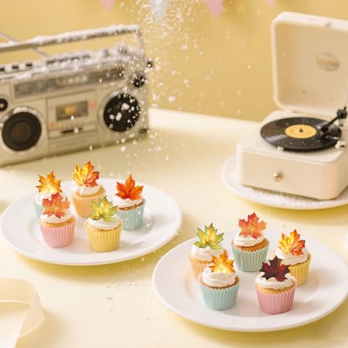 72 Pcs Edible Fall Leaves Cupcake Toppers Wafer Paper Autumn Maple Leaf Cupcake Topper Thanksgiving Theme Cake Picks Birthday Baby Shower Party Decorations