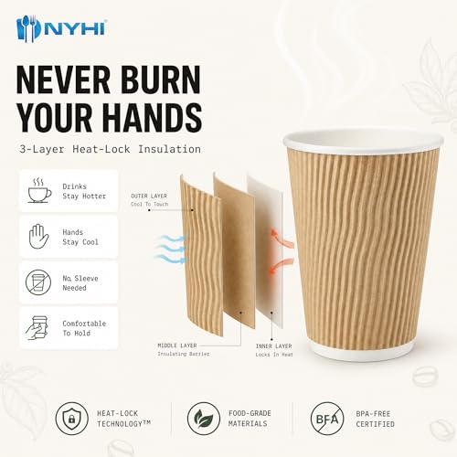 150 10 oz Ripple Kraft Paper Cups Brown Hot Cold Cups 3 Layer Rippled Small Insulated Disposable Coffee Cups for Cappuccino Hot Cocoa or Iced Drinks (150 Count)