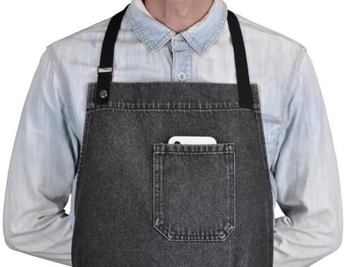 Black Denim Kitchen Cooking Apron with Pockets for Men Women