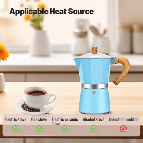 6 Cup Aluminum Moka Pot Classic Stovetop Espresso Coffee Maker 300ml 10oz Coffeemaker Percolator Mocha Pot Greca Coffee Maker Cafe Makers for Italian and Cuban Café Brewing Blue