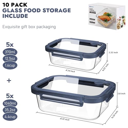 10 Pack Glass Food Storage Containers with Tempered Glass Lids (10 Count)