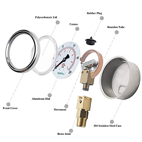 2-1/2” Glycerin Filled Pressure Gauge, 0-100Psi, 1/4”NPT Lower Mount, Stainless Steel Case, Brass Internals, Water Pressure Gauge
