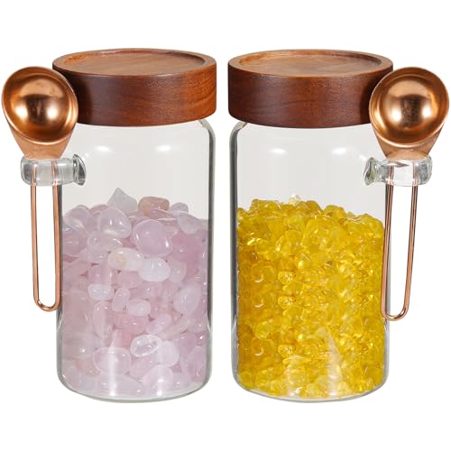18 oz Glass Spice Jars with Spoons Wooden Airtight Lid Sugar Coffee Ground Canister Round Glass Food Storage Container for Herb Seasoning Cookies Tea Condiment Salt