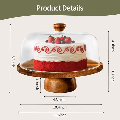 Acacia-Cake-Stand-with-Acrylic-Lid, 2-in-1 Wood Cake Holder Charcuterie Board with Cover, Round Cake Plate with Dome for Party，Dessert Table Display Stand