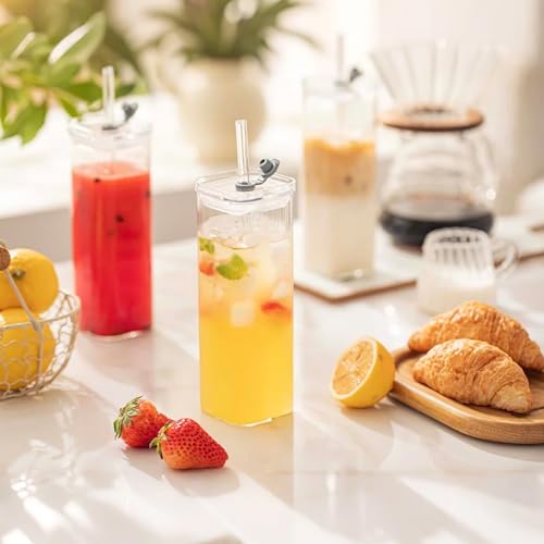 12 Sets Square Drinking Glass Cups with Lids & Straws