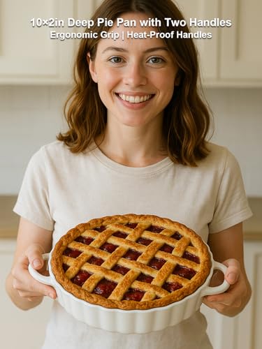 10×2in Deep Ceramic Pie Pan with Handles for Pie Quiche Tart Baking. Easy to grip