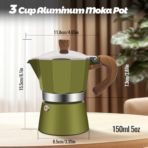 3 Cup Aluminum Moka Pot Classic Stovetop Espresso Coffee Maker 150ml 5oz Coffeemaker Percolator Mocha Pot Greca Coffee Maker Cafe Makers for Italian and Cuban Café Brewing Green (5 Ounce)