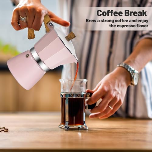 6 Cup Aluminum Moka Pot Classic Stovetop Espresso Coffee Maker 300ml 10oz Coffeemaker Percolator Mocha Pot Greca Coffee Maker Cafe Makers for Italian and Cuban Café Brewing Pink