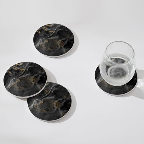 Set of 6 Abstract Black Marble Coasters with Holder (6 Count)