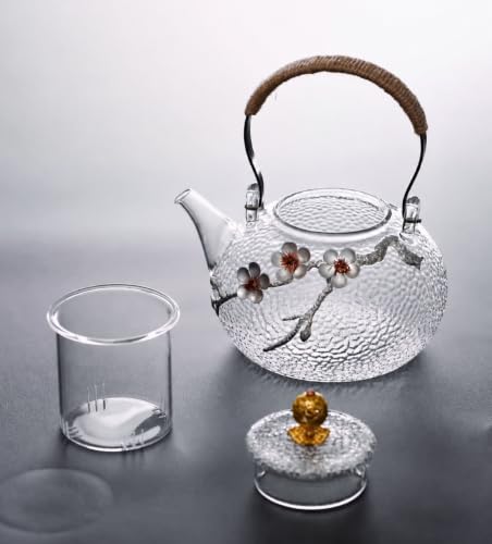 Japanese Style Hammered Glass Teapot with Plum Blossom Decor 900ml