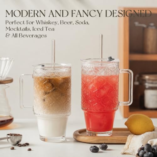 24oz Ribbed Glass Tumbler with Handle & Lid