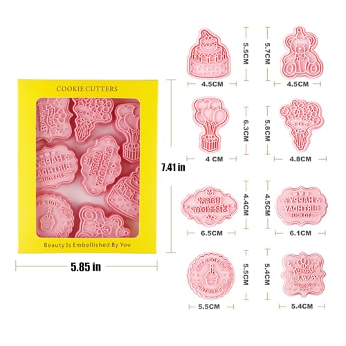 8PCS Happy Birthday Cookie Cutter Sets 3D Plastic Cookie Cutters with Plunger Stamps Pressable Biscuit Mold Cookie Molds Cake Baking Fondant Cutter Birthday Party DIY Cookie Decorating Supplies (8 Count)