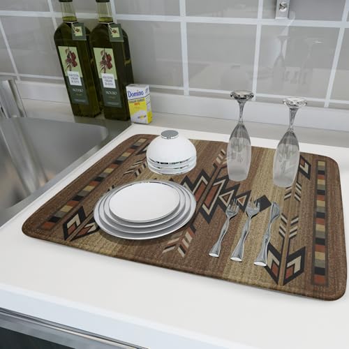 18"x24" Southwestern Dish Drying Mat Rustic Brown Tribal Ethnic Large Dish Drainer Mats Antique Native American Absorbent Microfiber Dish Drying Pad for Kitchen Countertop Decor