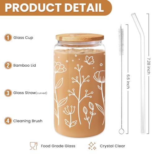 Floral Cup 16 Oz Can Glass with Bamboo Lid and Straw