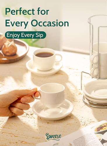 2.5 Ounce Porcelain Stackable Espresso Cups with Saucers and Metal Stand Set of 4 (4 Count)