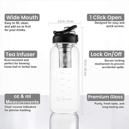 Glass Water Bottle with Stainless Steel Tea Infuser 32oz