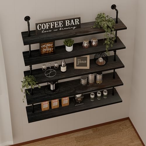 Floating Shelves for Wall Bookshelf Industrial Pipe Shelving Shelves 48 Inch 5 Tier Natural Wood Planks Rustic Wall Shelves Hanging Bookshelves Farmhouse Kitchen Shelving Black