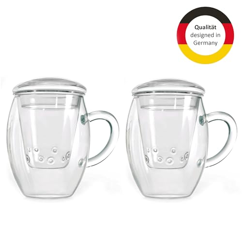 2x All-In-One Tea Glass with integrated Glass Filter and Lid - 14oz (400ml) (2 Count)
