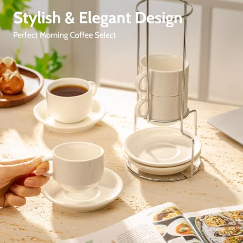 8 Ounce Porcelain Stackable Cappuccino Cups with Saucers and Metal Stand