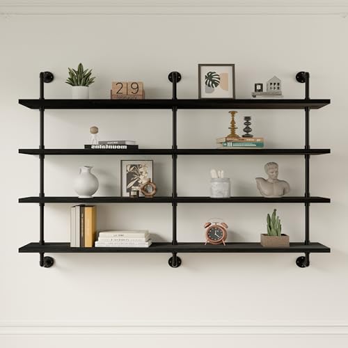 Floating Shelves for Wall Bookshelf Industrial Pipe Shelving Shelves 60 Inch Natural Wood Planks Rustic Wall Shelves Hanging Bookshelves Farmhouse Kitchen Shelving Black