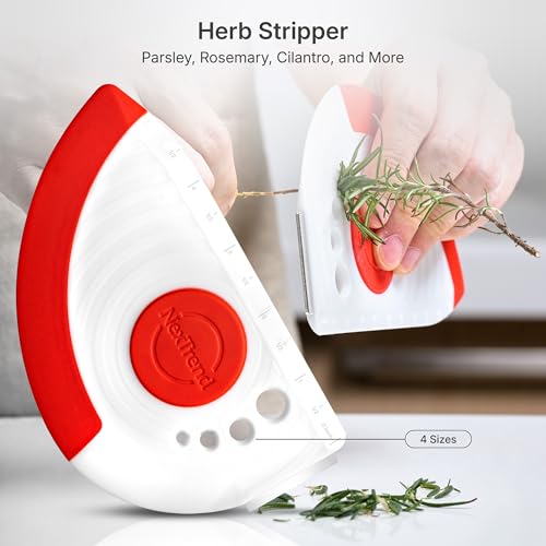 red 5-in-1 flexible dough and bowl scraper with stainless-steel edge and integrated ruler