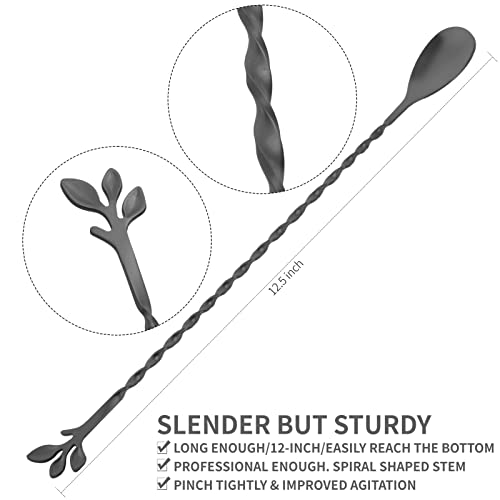 Black 12 Inch Stainless Steel Cocktail Spoon with Leaf Handle