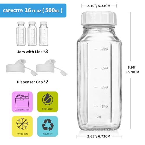 3 Pack 16 Oz Glass Juice Bottles with Lids & 2 Pour Spouts (3 Count)