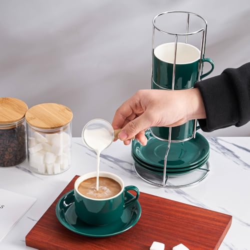 8 Ounce Stackable Cappuccino Cups with Saucers and Metal Stand (4 Count)