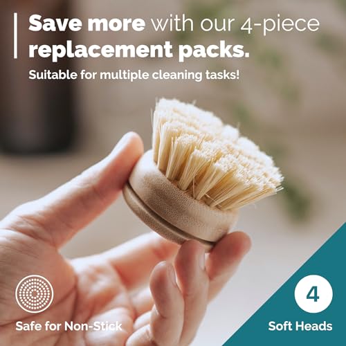 Soft Replacement Dish Brush Heads • 4 Pack Sisal Refills (4 Count)