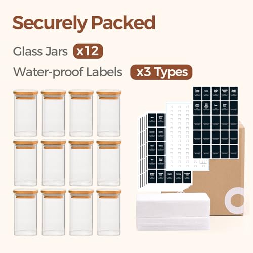 Glass Spice Jars with Labels 10 oz 12 Pack Large Square Bamboo Lids (12 Count)