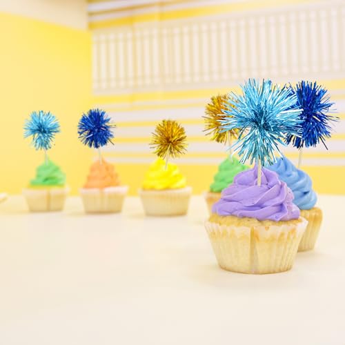 30Pcs Foil Firework Cupcake Toppers Sparkle Tinsel Cake Toppers Tinsel Drink Cake Decoration Cocktail Picks for Birthday Wedding Graduation Party Supplies Gold Light Dark Blue (30 Count)
